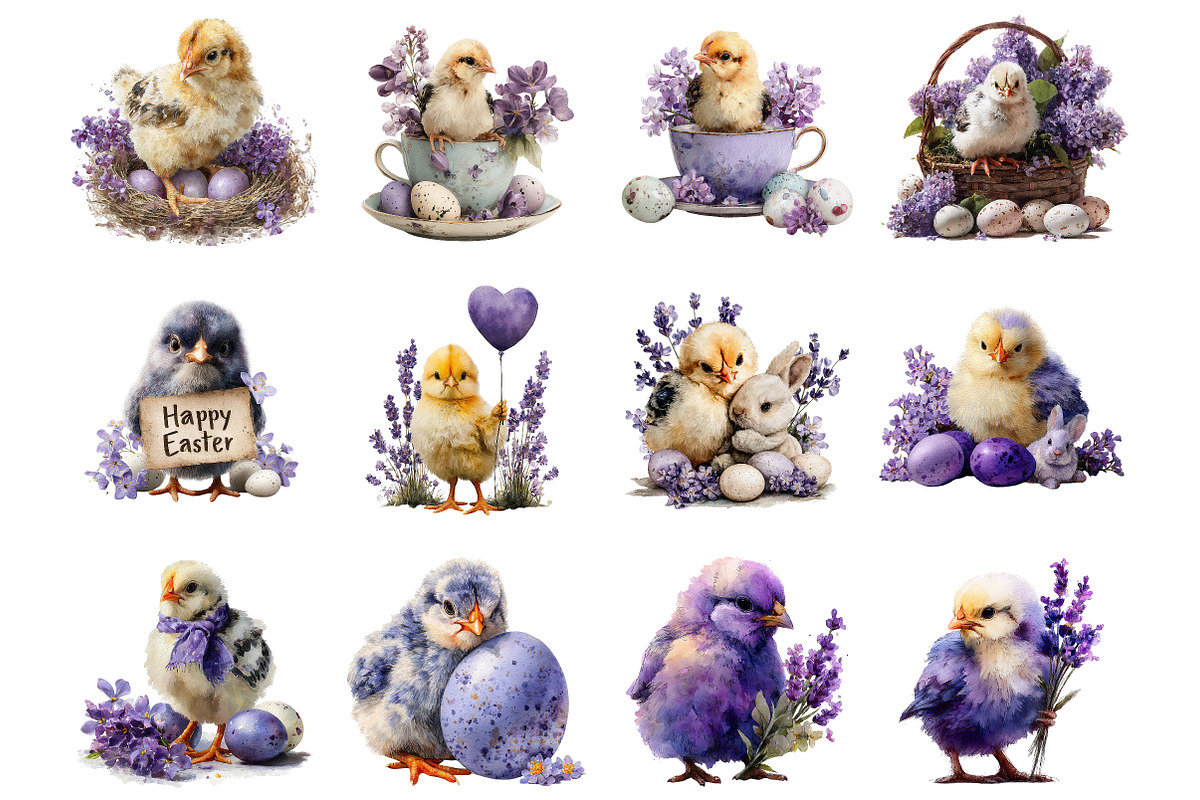 Lavender Easter Chicks Clipart, an Illustration by DreamArtGraphic (Photo 2 of 4)