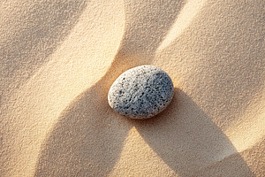 Smooth gray stone resting on soft sandy surface under natural lighting at a cal, a Photo by AlyaAnd