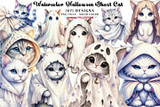 Watercolor Halloween Ghost Cat PNG, a Seasonal Illustration by CreationArt (Thumbnail 1 of 7)