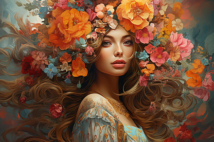 A beautiful bohemian woman with long, flowing hair adorned with a vibrant flora, a Beauty & Fashion Photo by Textures & Backgrounds