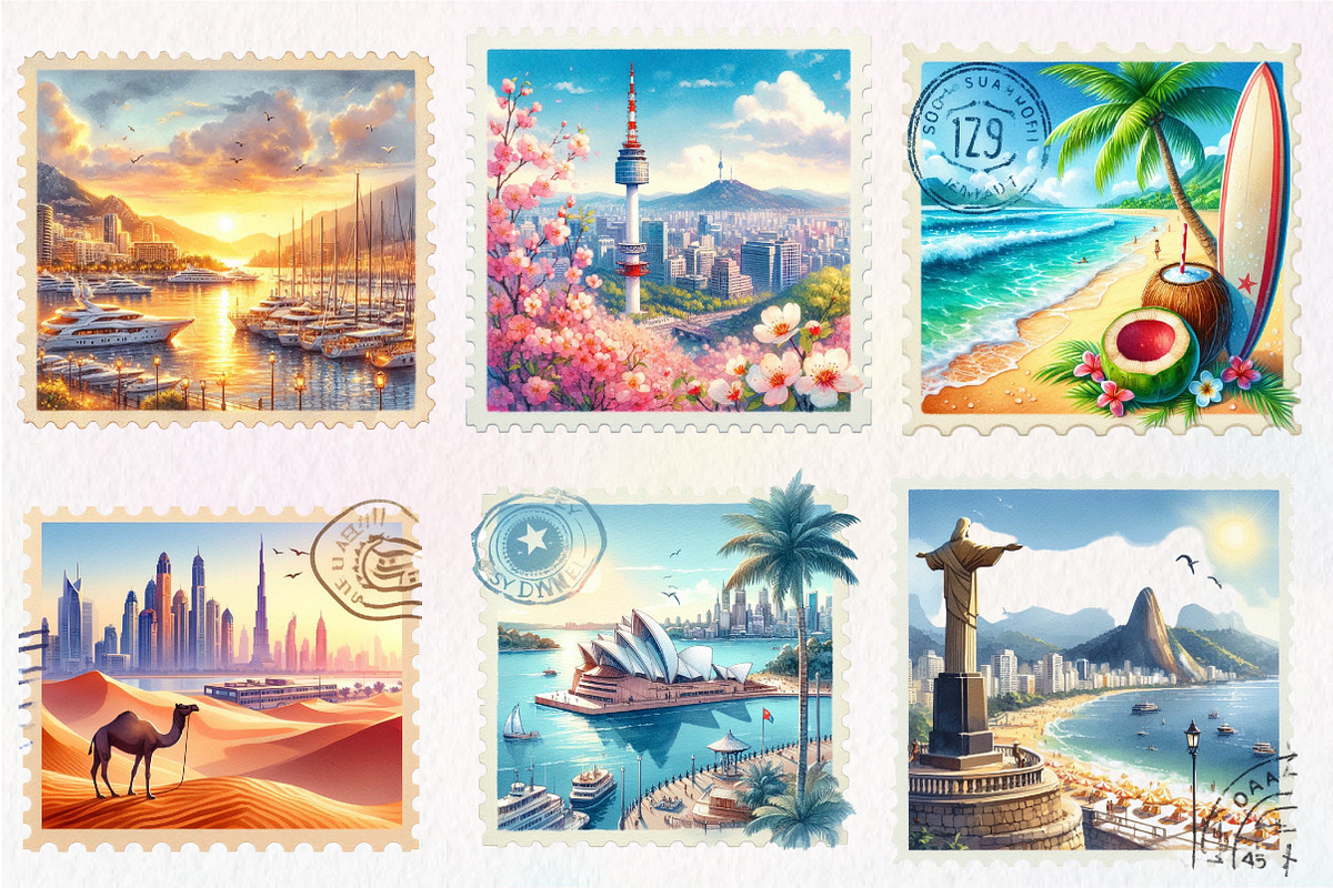 Summer Cites Postage Stamps Clipart, an Illustration by CreationArt (Photo 5 of 5)