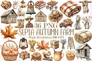 Sepia Autumn Farm Clipart, an Illustration by Sublimation Artist