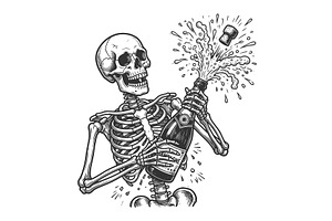 Skeleton Opening Exploding Champagne, an Illustration by AlexArt