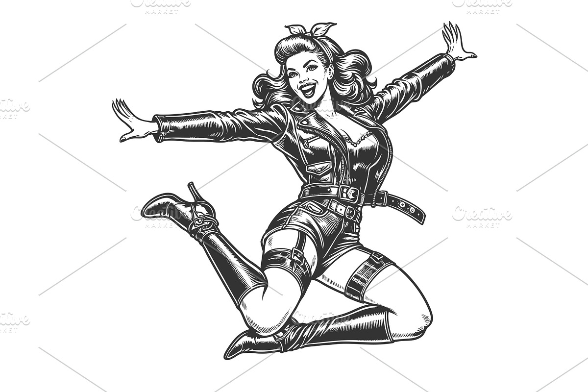 Retro Pin-Up Girl Jumping in Joy, a Person Illustration by AlexArt