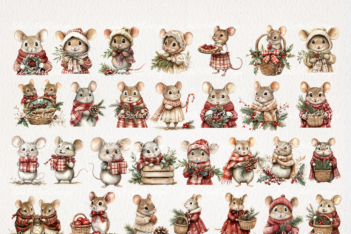 Christmas Mouse Clipart 29 PNG, a Seasonal Illustration by EleSArtDesign (Photo 2 of 4)