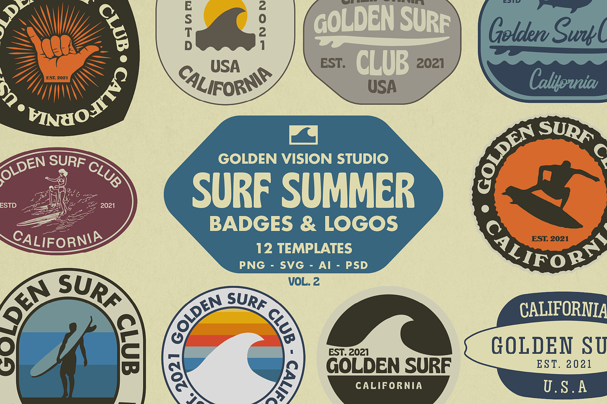 Vintage Beach & Surf Logo Templates, a Branding & Logo Template by Golden Vision Studio (Photo 1 of 7)