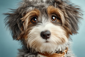 Cute fluffy mixed breed dog close up portrait with expressive br, an Animal Photo by José Manuel Gelpi