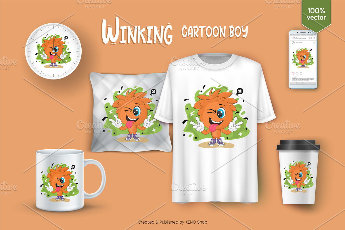Cartoon winking boy. Tshirt, PNG., a Person Illustration by KENO Mascots (Photo 3 of 3)