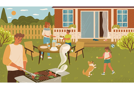 Happy family enjoying bbq party at, an Illustration by vectorpointstudio