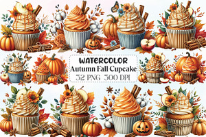 Watercolor Autumn Fall Cupcake PNG, an Illustration by CraftArtStudio