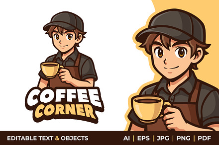 Barista Boy Coffee Shop Mascot Logo