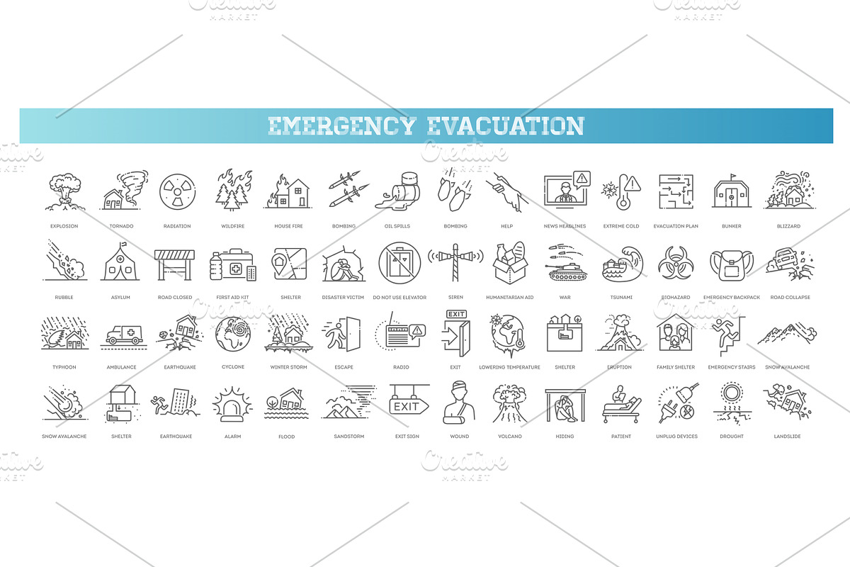 Emergency evacuation vector icon set, an Object Illustration by Tettygreen