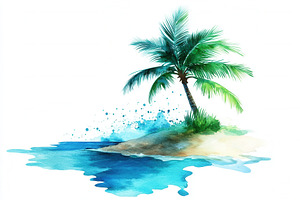 Watercolor palm trees & ocean scene, a Photo by Pavel_design