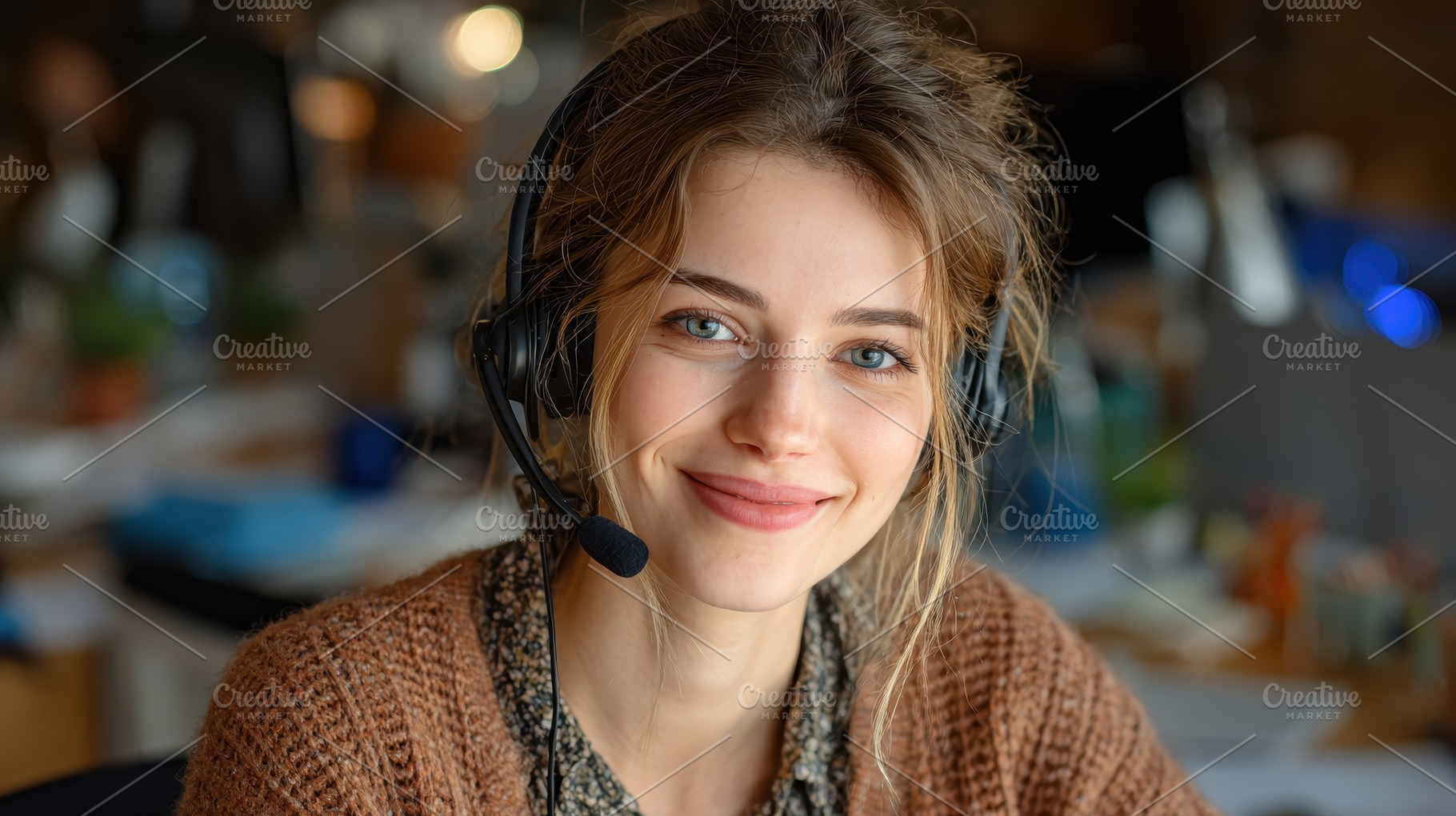 Smiling woman wearing headset in off, a Photo by Pixeness Studio