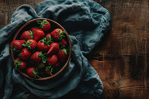 Flat lay of red strawberries in bowl with napkin on wooden table, a Food & Drink Photo by AlyaAnd