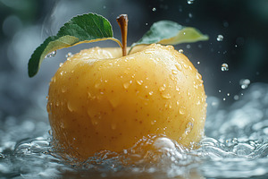 Freshly picked yellow apple splashin, a Photo by Tanuart