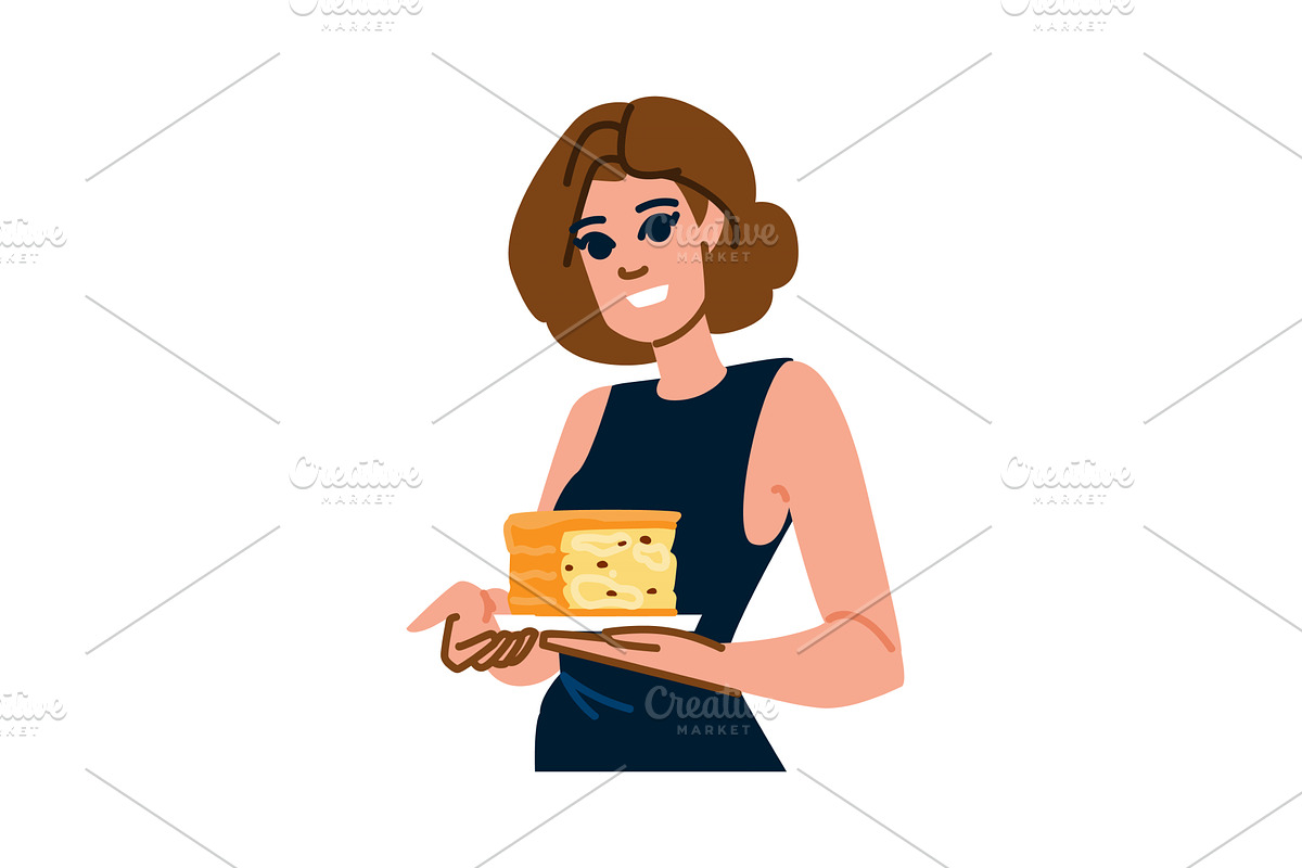Smiling woman holding slice of mille, an Illustration by pikepicture
