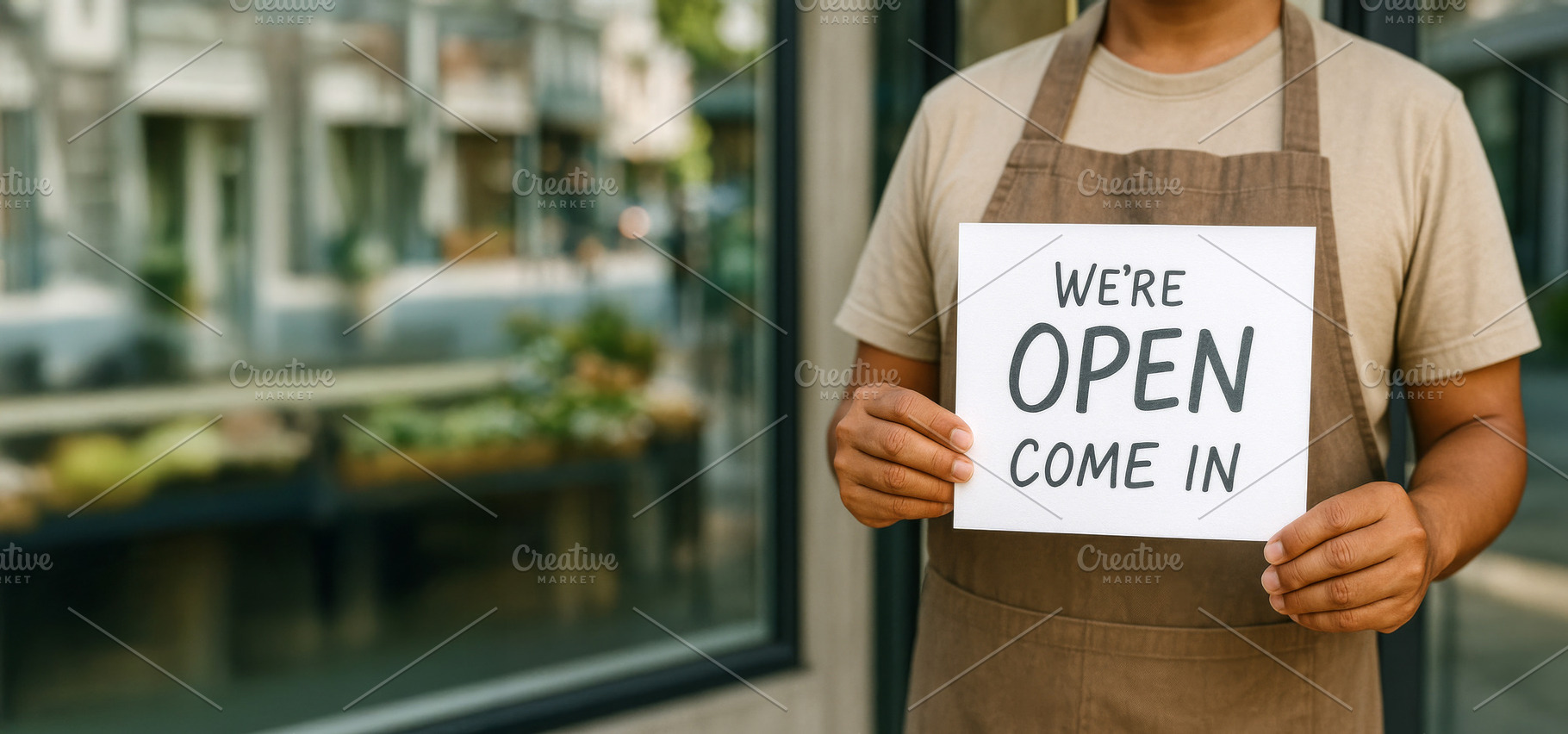 Small business owner holding open si, a Photo by Dvoevnore photos