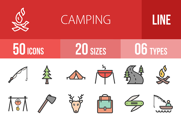 50 Camping Line Filled Icons