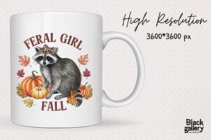 Vintage Raccoon Feral Girl Fall PNG