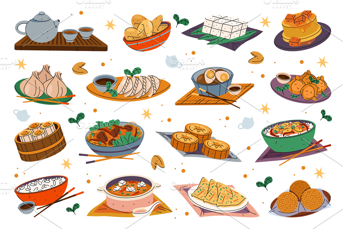 Set of vector Chinese food or Asian, a Food Illustration by Elegant Solution