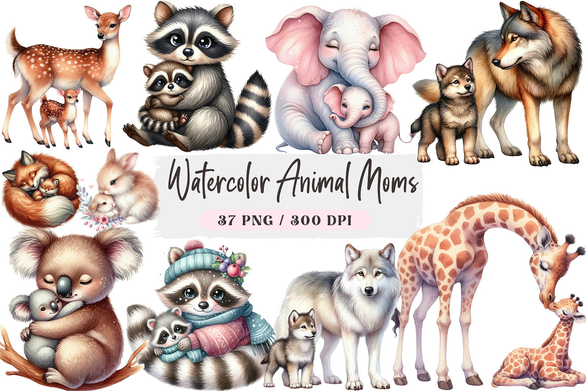 Watercolor Animal Moms Clipart, an Animal Illustration by DreamArtGraphic (Photo 1 of 4)