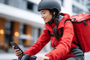 Female bike courier in red jacket, a Business Photo by MistyDay