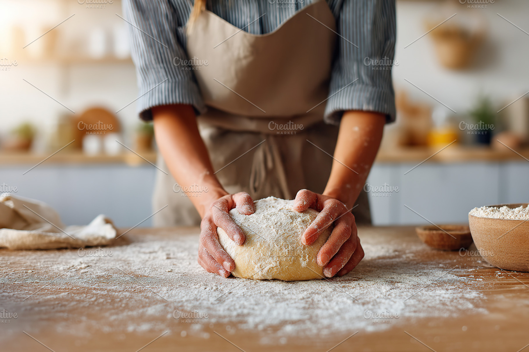 Kneading dough in a bright kitchen by a skilled female baker, a Food & Drink Photo by AlyaAnd