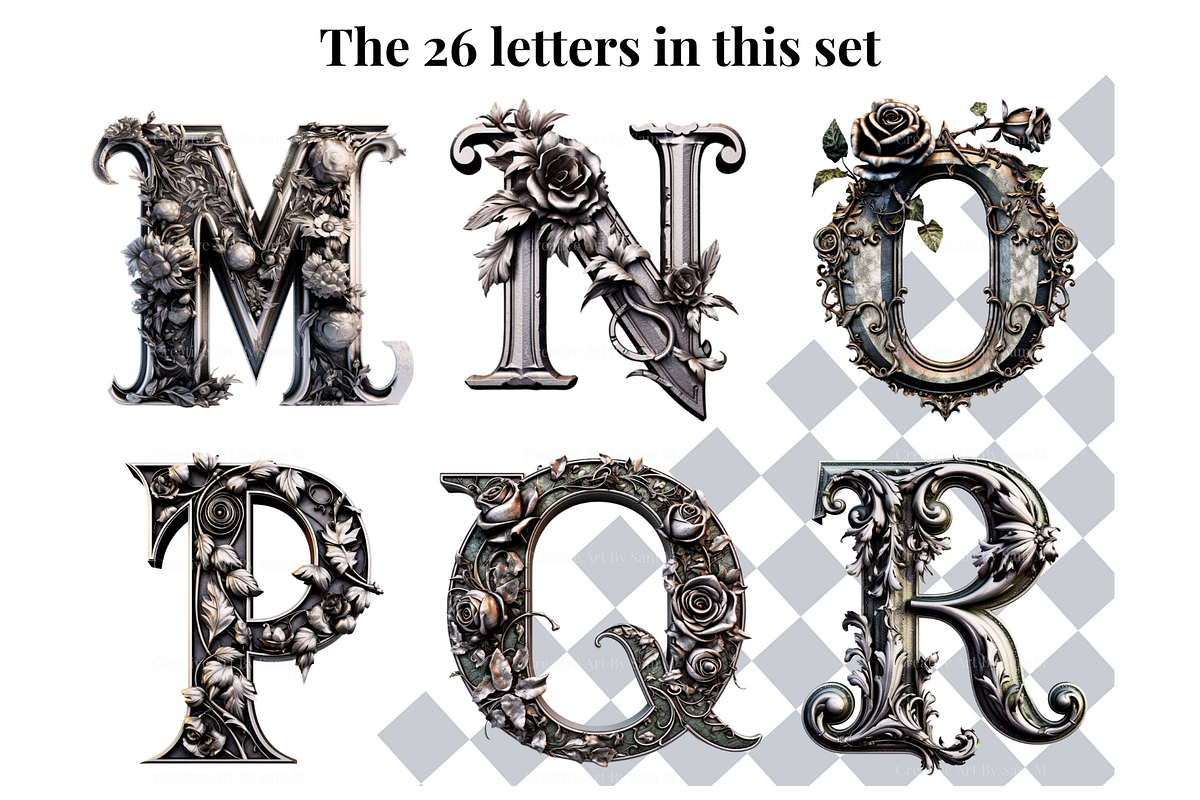 Gothic Silver Rose Alphabet Letters, a Decorative Illustration by Creative Art By SamM (Photo 4 of 10)