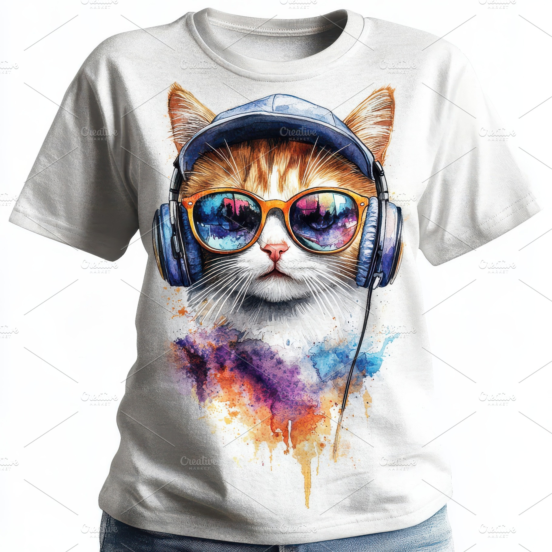 Cool Cat T-shirt Design Watercolor S, a Beauty & Fashion Photo by Pixeness Studio