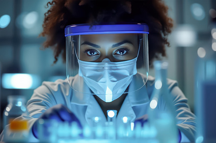 Female scientist with mask and visor, a Health & Medical Photo by angellodeco