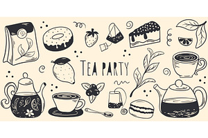 Tea party doodle sketch style, a Food Illustration by Tati_Kli
