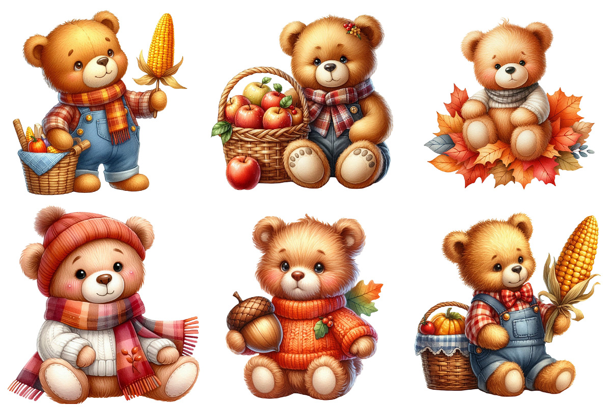 Watercolor Autumn Teddy Bear Clipart, an Illustration by Watercolor design (Photo 4 of 4)
