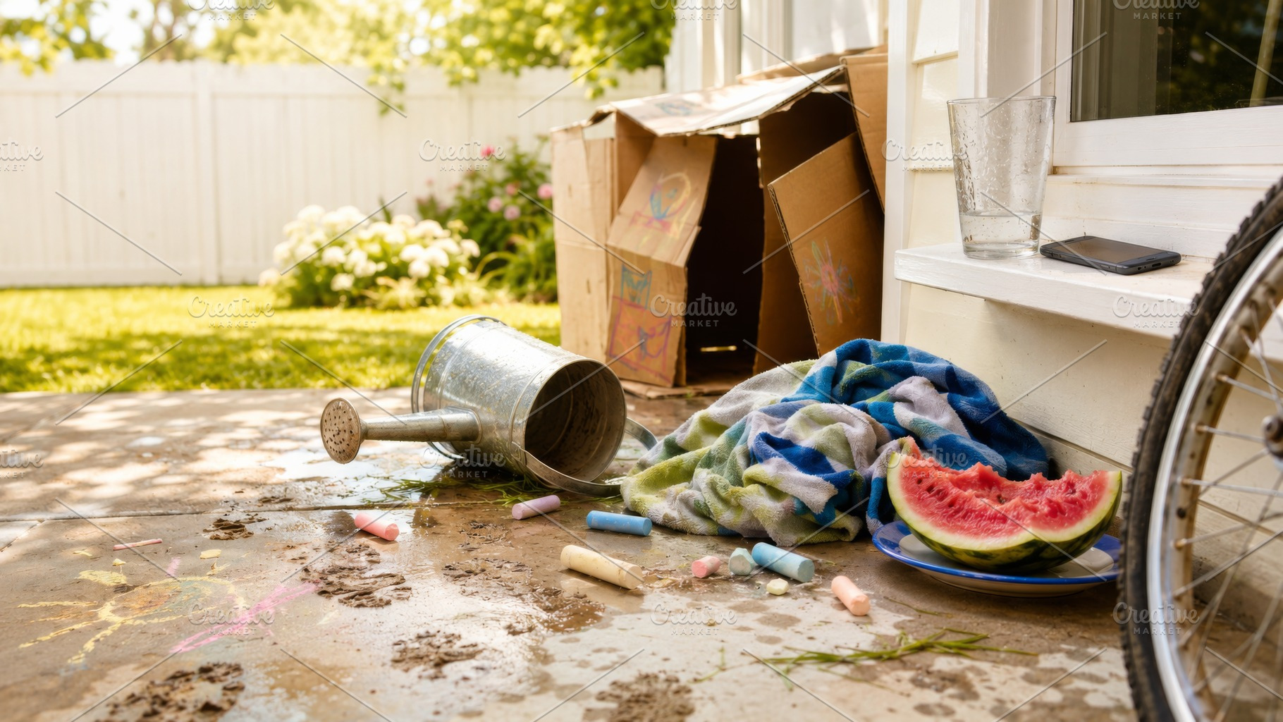 Summer garden scene with overturned, a Photo by Dvoevnore photos
