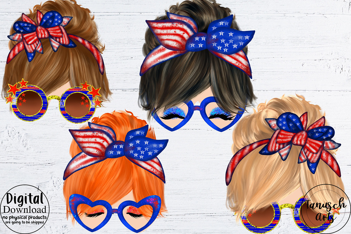 4th of July Clipart Messy Bun Girls, an Illustration by TanuschArts (Photo 3 of 4)