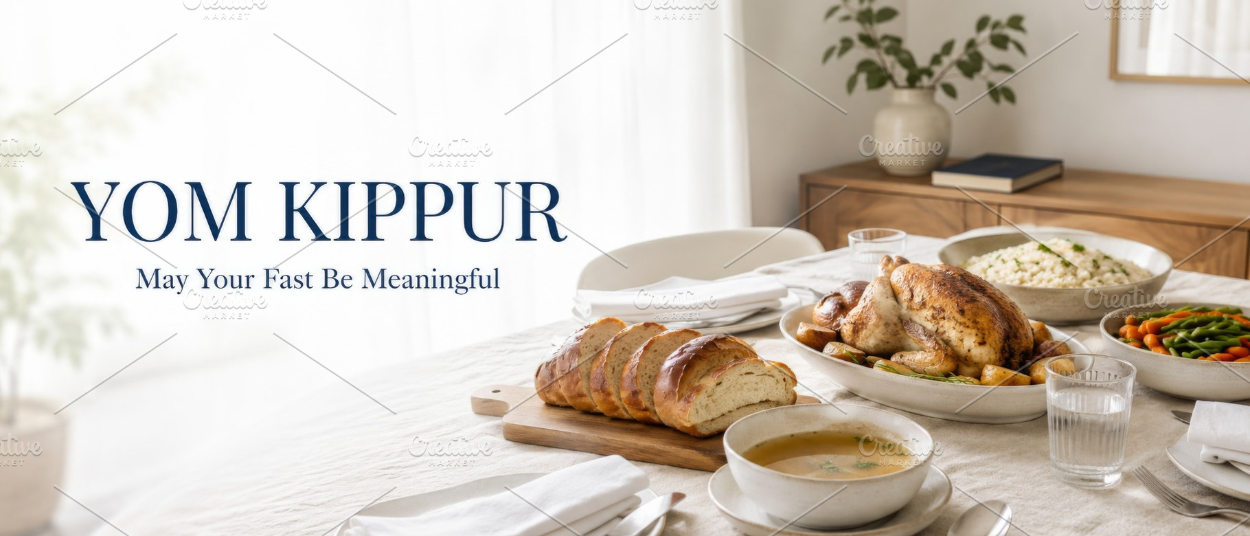 Yom Kippur meal with challah and dis, a Photo by Dvoevnore photos