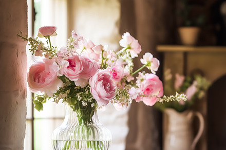 Bouquet of fresh rose flowers in the country cottage. Generative, a Holiday Photo by Anneleven