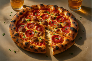 A delicious pizza topped with, a Food & Drink Photo by Sergey Kotenev