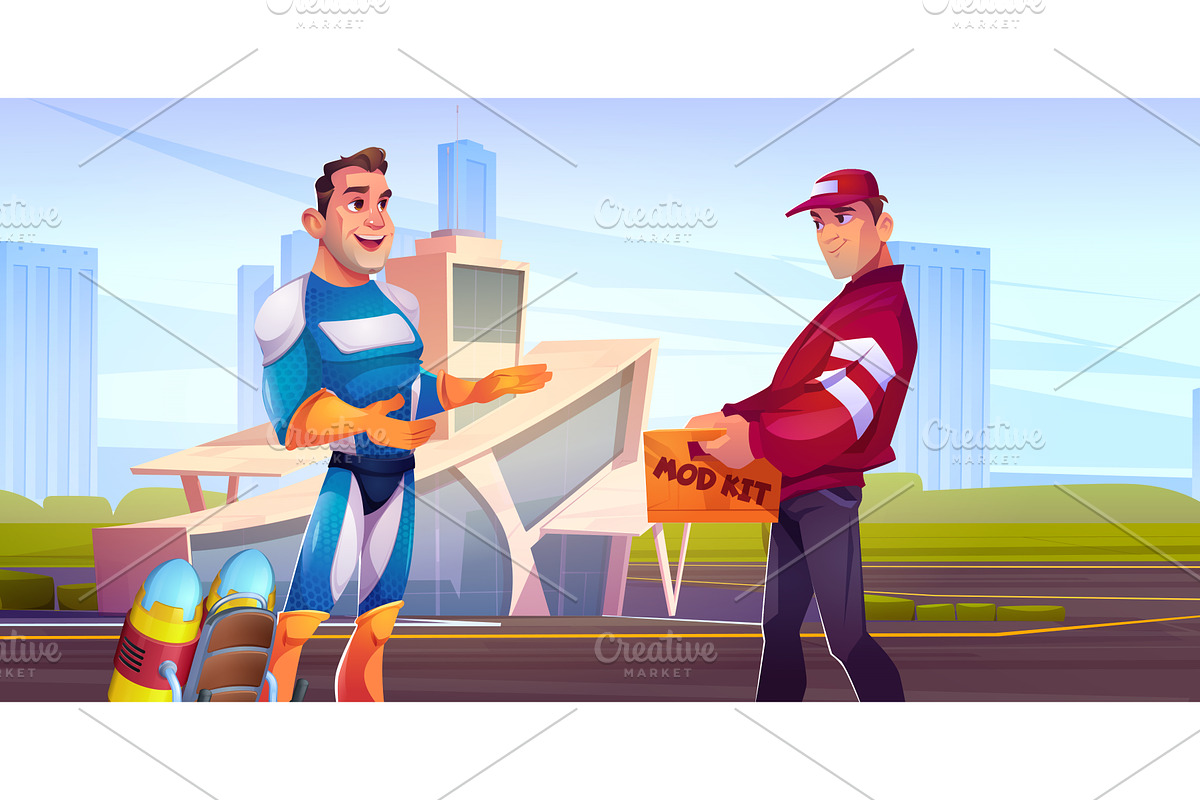 Cartoon superhero man meets delivery, a Person Illustration by art PVP - market