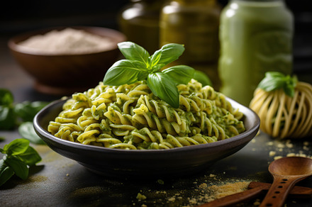 Tasty Italian pasta with pesto in plate. Generative AI, a Food & Drink Photo by AlyaAnd
