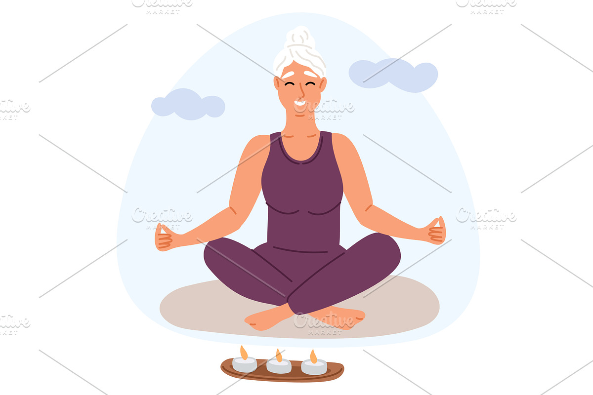 Elderly woman meditates sitting in, a Person Illustration by Vectorbuum