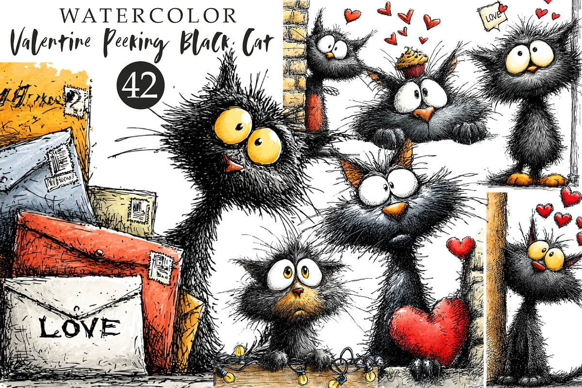 Valentine Peeking Black Cat Clipart, an Illustration by OK Design (Photo 1 of 6)