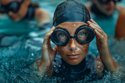 Confident Mature Woman Wearing Wetsuit and Goggles Preparing for Swim in Pool, a Photo by AS photostudio