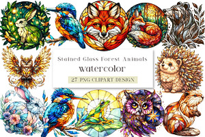 Stained Glass Forest Animals Clipart, a Seasonal Illustration by DreamArtGraphic