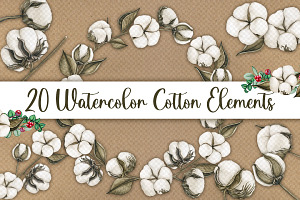 20 Watercolor Cotton Elements