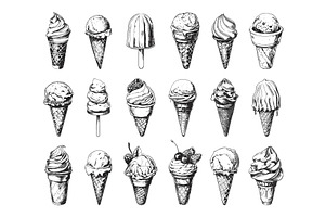 Ice Cream Engraving Style Set. Low, a Food Illustration by LadadikArt