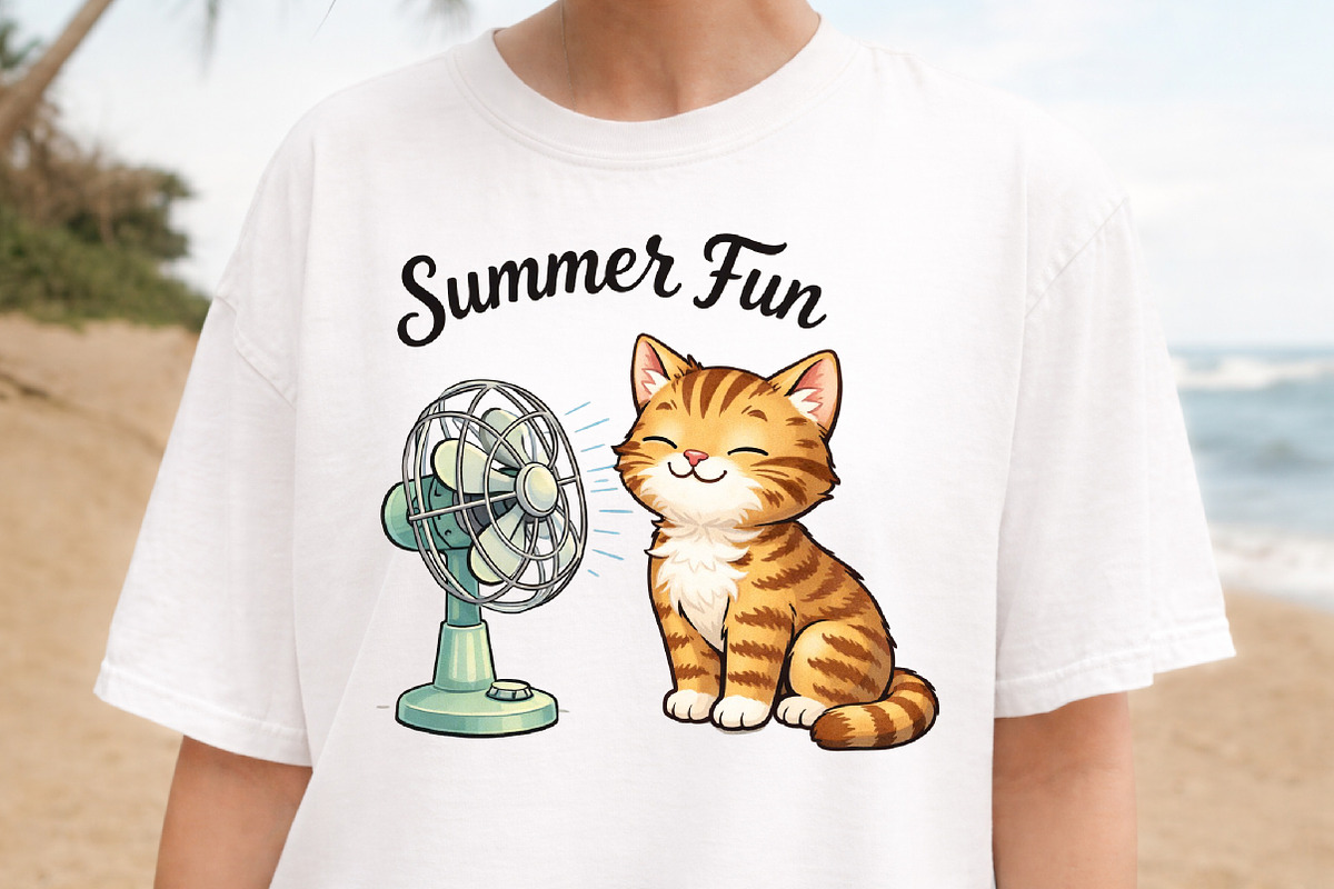 Summer Fun Cat and Fan Cute T-Shirt, an Illustration by DreamArtGraphic (Photo 3 of 4)