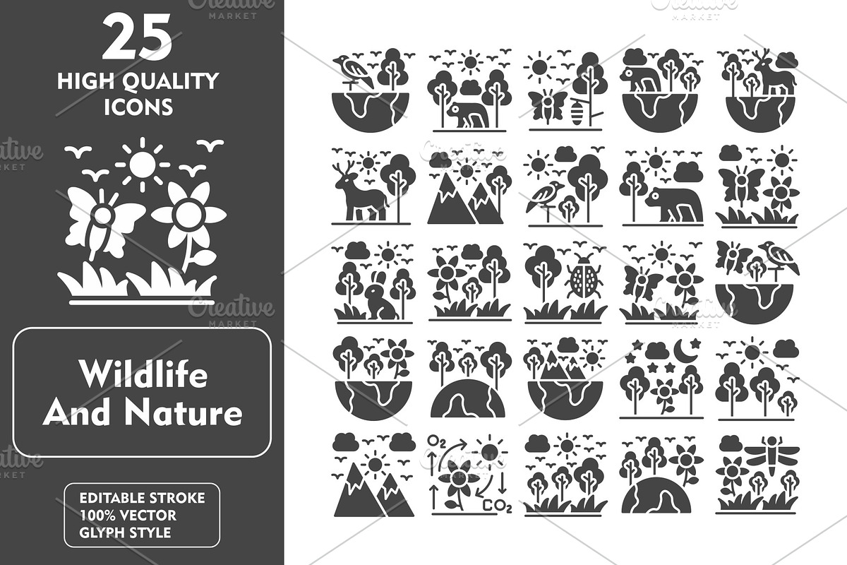 25 Wildlife and Nature Glyph Icons, an Icon by Pexelpy