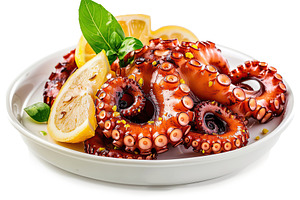 Grilled octopus leg in plate isolated on white background, a Food & Drink Photo by AlyaAnd