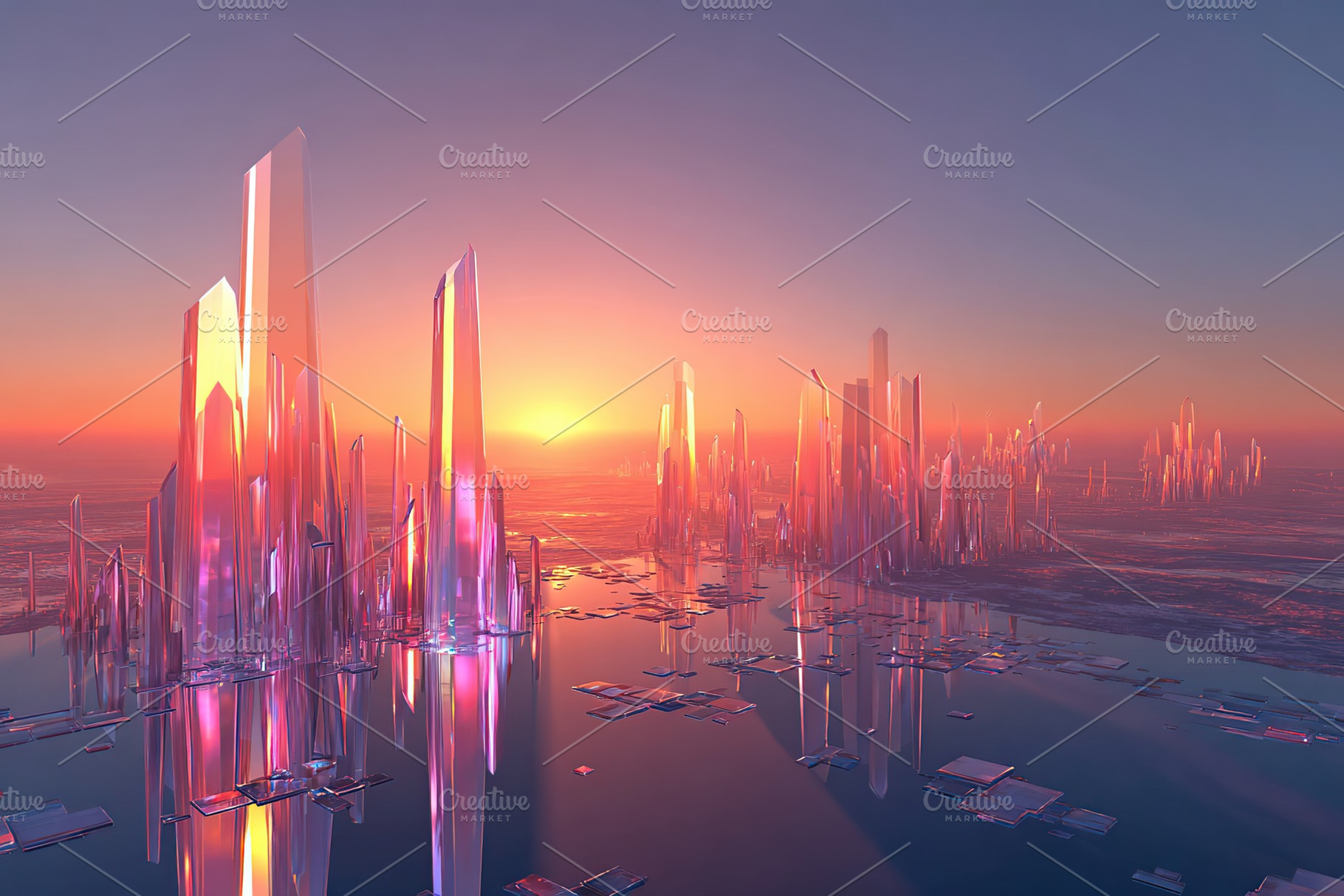 Stunning crystal cityscape shines under a vibrant sunset over a tranquil water, a Photo by AlyaAnd